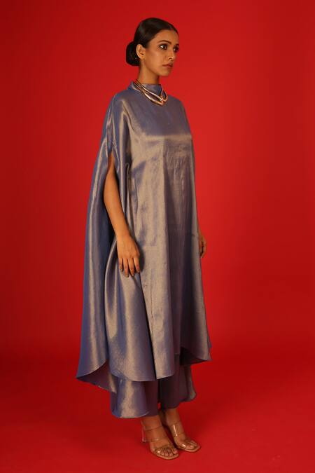 Saksham & Neharicka_Blue Tissue Round Neck Periwinkle Kaftan _Online_at_Aza_Fashions
