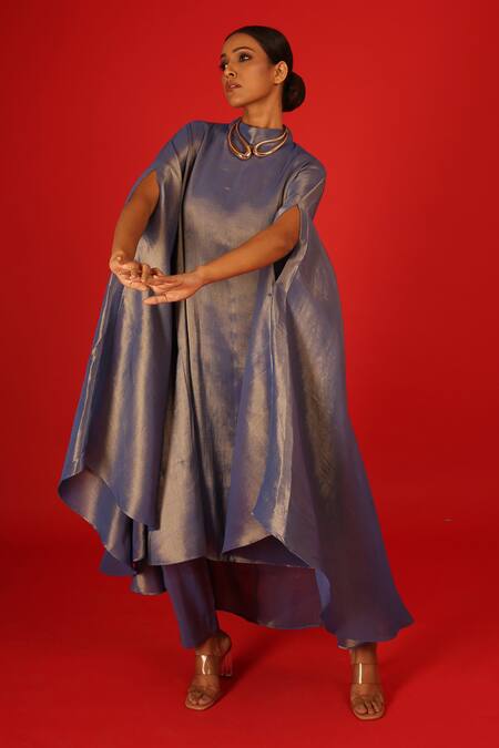Buy_Saksham & Neharicka_Blue Tissue Round Neck Periwinkle Kaftan _Online_at_Aza_Fashions
