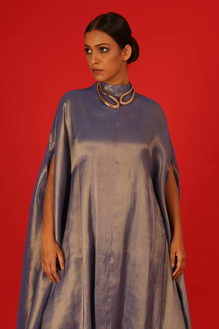 Shop_Saksham & Neharicka_Blue Tissue Round Neck Periwinkle Kaftan _Online_at_Aza_Fashions