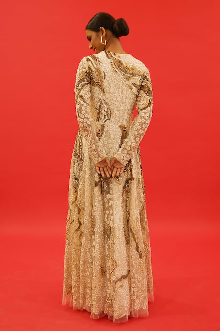 Shop Saksham & Neharicka Ivory Tulle Embroidery, Sequins Round Neck Kismet Hand Gown at Aza Fashions Shop_Saksham & Neharicka_Ivory Tulle Embroidery, Sequins Round Neck Kismet Hand Gown _at_Aza_Fashions