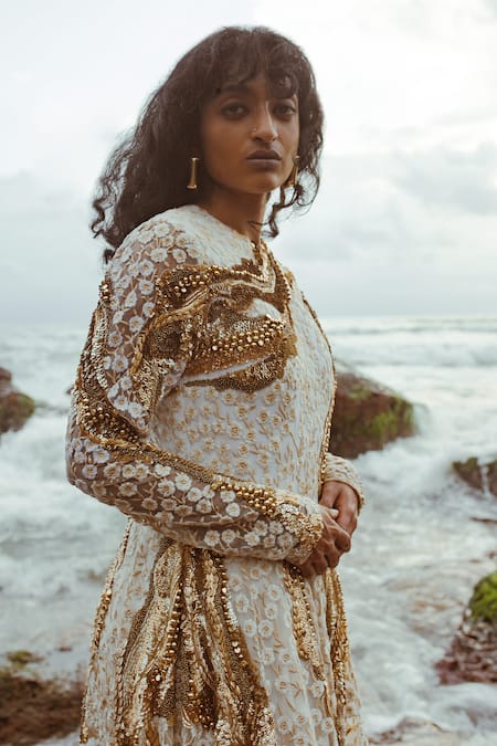 Saksham & Neharicka Ivory Tulle Embroidery, Sequins Round Neck Kismet Hand Gown Online at Aza Fashions Saksham & Neharicka_Ivory Tulle Embroidery, Sequins Round Neck Kismet Hand Gown _Online_at_Aza_Fashions