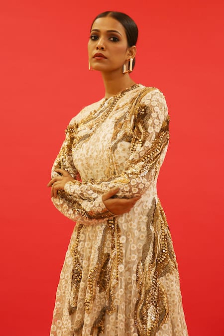 Buy Saksham & Neharicka Ivory Tulle Embroidery, Sequins Round Neck Kismet Hand Gown Online at Aza Fashions Buy_Saksham & Neharicka_Ivory Tulle Embroidery, Sequins Round Neck Kismet Hand Gown _Online_at_Aza_Fashions