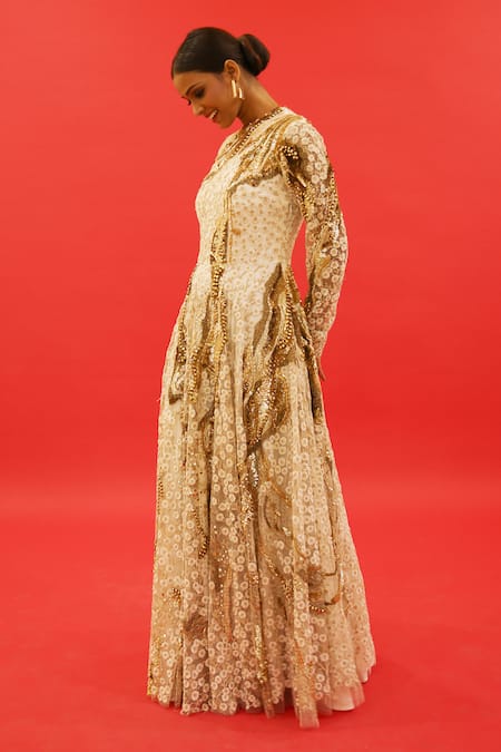 Shop Saksham & Neharicka Ivory Tulle Embroidery, Sequins Round Neck Kismet Hand Gown Online at Aza Fashions Shop_Saksham & Neharicka_Ivory Tulle Embroidery, Sequins Round Neck Kismet Hand Gown _Online_at_Aza_Fashions