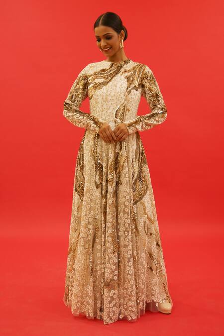 Saksham & Neharicka Ivory Tulle Embroidery, Sequins Round Neck Kismet Hand Gown at Aza Fashions Saksham & Neharicka_Ivory Tulle Embroidery, Sequins Round Neck Kismet Hand Gown _at_Aza_Fashions