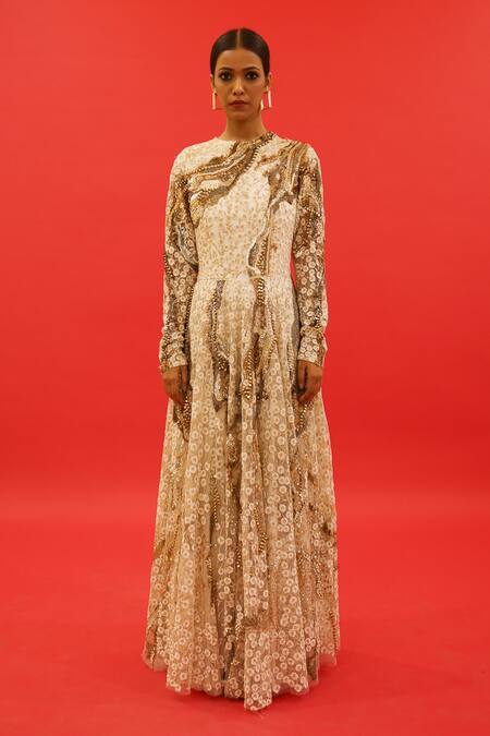 Buy Saksham & Neharicka Ivory Tulle Embroidery, Sequins Round Neck Kismet Hand Gown Buy_Saksham & Neharicka_Ivory Tulle Embroidery, Sequins Round Neck Kismet Hand Gown