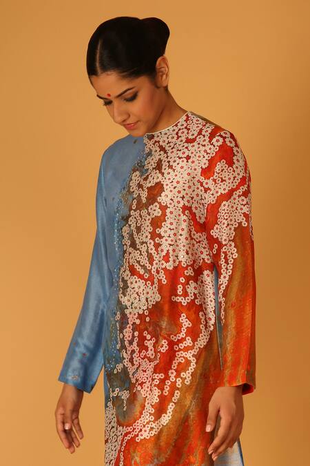 Saksham & Neharicka Multi Color Chanderi Round Neck Aseem Kurta Online at Aza Fashions Saksham & Neharicka_Multi Color Chanderi Round Neck Aseem Kurta _Online_at_Aza_Fashions