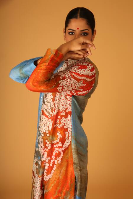 Shop Saksham & Neharicka Multi Color Chanderi Round Neck Aseem Kurta Online at Aza Fashions Shop_Saksham & Neharicka_Multi Color Chanderi Round Neck Aseem Kurta _Online_at_Aza_Fashions