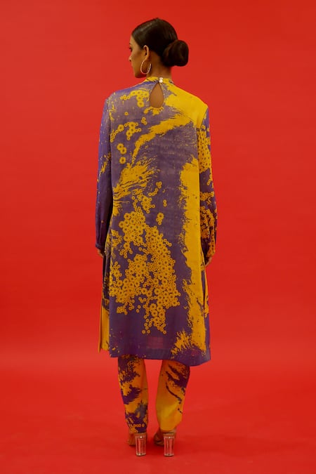 Shop Saksham & Neharicka Yellow Tissue Embroidery Round Neck Ebru Floral Print Kurta at Aza Fashions Shop_Saksham & Neharicka_Yellow Tissue Embroidery Round Neck Ebru Floral Print Kurta_at_Aza_Fashions