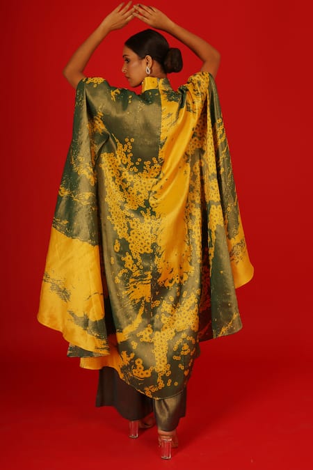 Saksham & Neharicka Yellow Tissue Sequins Round Neck Falak Abstract Print Kaftan Dress Online at Aza Fashions Saksham & Neharicka_Yellow Tissue Sequins Round Neck Falak Abstract Print Kaftan Dress _Online_at_Aza_Fashions