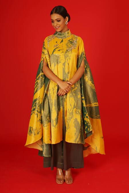 Buy Saksham & Neharicka Yellow Tissue Sequins Round Neck Falak Abstract Print Kaftan Dress Online at Aza Fashions Buy_Saksham & Neharicka_Yellow Tissue Sequins Round Neck Falak Abstract Print Kaftan Dress _Online_at_Aza_Fashions