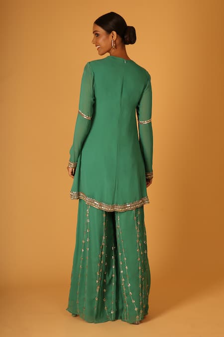 Shop Saksham & Neharicka Green Georgette Embroidery, Diamonds Round Neck Heena Hand Kurta Sharara Set at Aza Fashions Shop_Saksham & Neharicka_Green Georgette Embroidery, Diamonds Round Neck Heena Hand Kurta Sharara Set _at_Aza_Fashions
