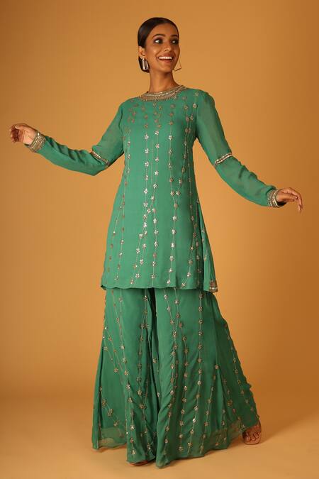 Saksham & Neharicka Green Georgette Embroidery, Diamonds Round Neck Heena Hand Kurta Sharara Set Online at Aza Fashions Saksham & Neharicka_Green Georgette Embroidery, Diamonds Round Neck Heena Hand Kurta Sharara Set _Online_at_Aza_Fashions