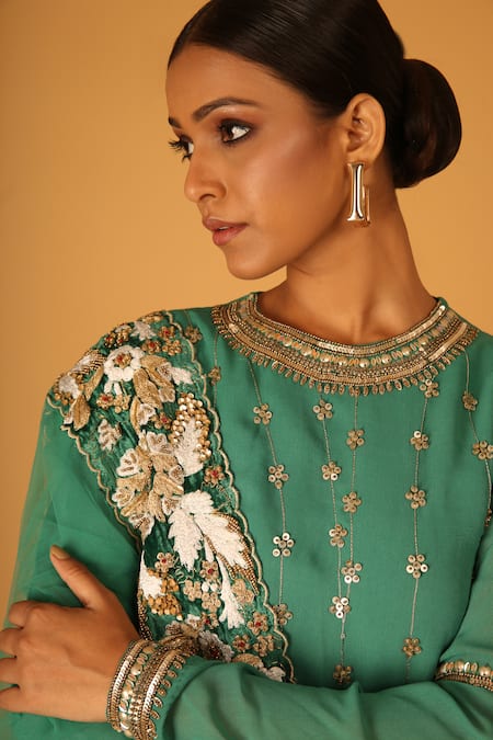Buy Saksham & Neharicka Green Georgette Embroidery, Diamonds Round Neck Heena Hand Kurta Sharara Set Online at Aza Fashions Buy_Saksham & Neharicka_Green Georgette Embroidery, Diamonds Round Neck Heena Hand Kurta Sharara Set _Online_at_Aza_Fashions
