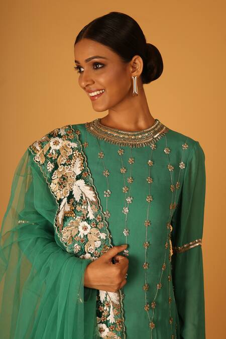 Shop Saksham & Neharicka Green Georgette Embroidery, Diamonds Round Neck Heena Hand Kurta Sharara Set Online at Aza Fashions Shop_Saksham & Neharicka_Green Georgette Embroidery, Diamonds Round Neck Heena Hand Kurta Sharara Set _Online_at_Aza_Fashions