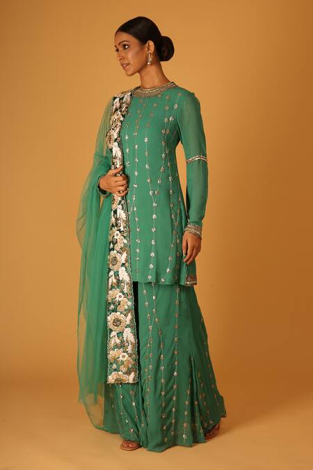 Saksham & Neharicka Green Georgette Embroidery, Diamonds Round Neck Heena Hand Kurta Sharara Set at Aza Fashions Saksham & Neharicka_Green Georgette Embroidery, Diamonds Round Neck Heena Hand Kurta Sharara Set _at_Aza_Fashions