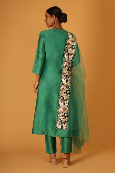 Shop Saksham & Neharicka Green Chanderi, Chiffon Beads, Sequins, Embroidery Heena Hand Kurta Pant Set at Aza Fashions Shop_Saksham & Neharicka_Green Chanderi, Chiffon Beads, Sequins, Embroidery Heena Hand Kurta Pant Set _at_Aza_Fashions