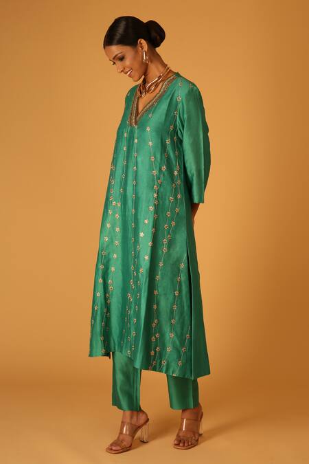 Shop Saksham & Neharicka Green Chanderi, Chiffon Beads, Sequins, Embroidery Heena Hand Kurta Pant Set Online at Aza Fashions Shop_Saksham & Neharicka_Green Chanderi, Chiffon Beads, Sequins, Embroidery Heena Hand Kurta Pant Set _Online_at_Aza_Fashions