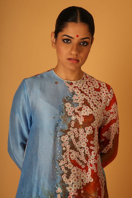 Saksham & Neharicka Multi Color Chanderi Round Neck Aseem Kurta With Pant Online at Aza Fashions Saksham & Neharicka_Multi Color Chanderi Round Neck Aseem Kurta With Pant _Online_at_Aza_Fashions
