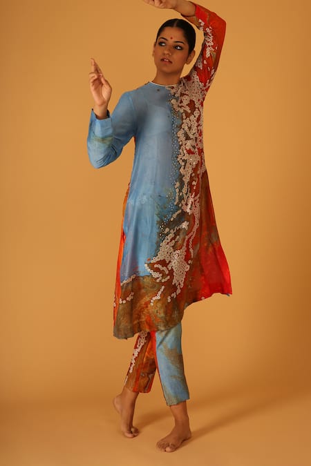 Saksham & Neharicka Multi Color Chanderi Round Neck Aseem Kurta With Pant at Aza Fashions Saksham & Neharicka_Multi Color Chanderi Round Neck Aseem Kurta With Pant _at_Aza_Fashions