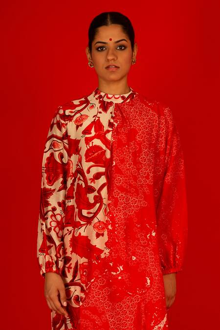 Shop Saksham & Neharicka Red Chanderi Round Neck Durga Kurta With Pant Online at Aza Fashions Shop_Saksham & Neharicka_Red Chanderi Round Neck Durga Kurta With Pant _Online_at_Aza_Fashions