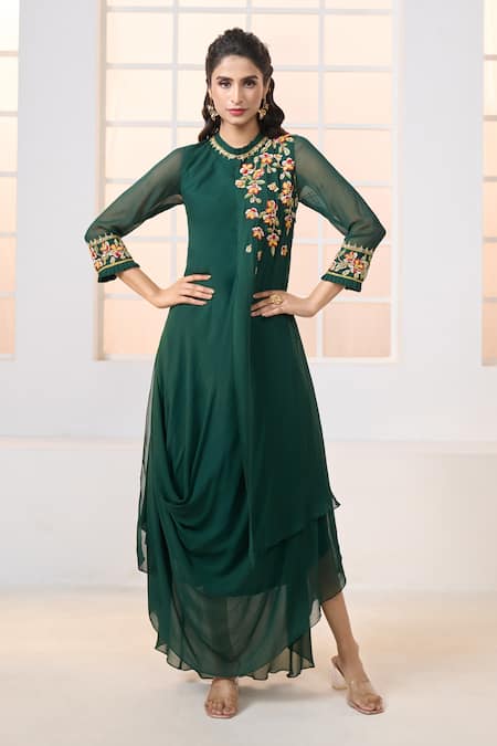 Aariyana Couture Green Viscose Georgette Hand Embroidered Floral Zero Neck Draped Tunic 