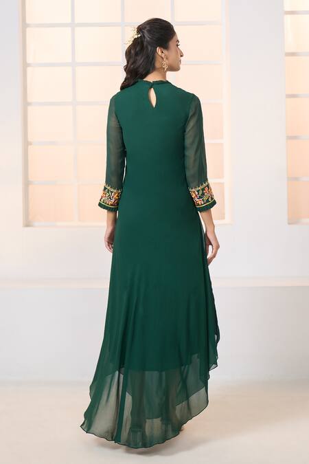 Shop Aariyana Couture Green Viscose, Georgette Embroidery Round Neck Floral Hand Draped Tunic at Aza Fashions Shop_Aariyana Couture_Green Viscose, Georgette Embroidery Round Neck Floral Hand Draped Tunic_at_Aza_Fashions