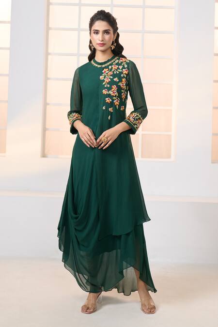 Aariyana Couture Green Viscose, Georgette Embroidery Round Neck Floral Hand Draped Tunic Online at Aza Fashions Aariyana Couture_Green Viscose, Georgette Embroidery Round Neck Floral Hand Draped Tunic_Online_at_Aza_Fashions