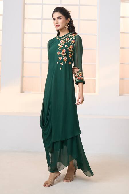 Buy Aariyana Couture Green Viscose, Georgette Embroidery Round Neck Floral Hand Draped Tunic Online at Aza Fashions Buy_Aariyana Couture_Green Viscose, Georgette Embroidery Round Neck Floral Hand Draped Tunic_Online_at_Aza_Fashions