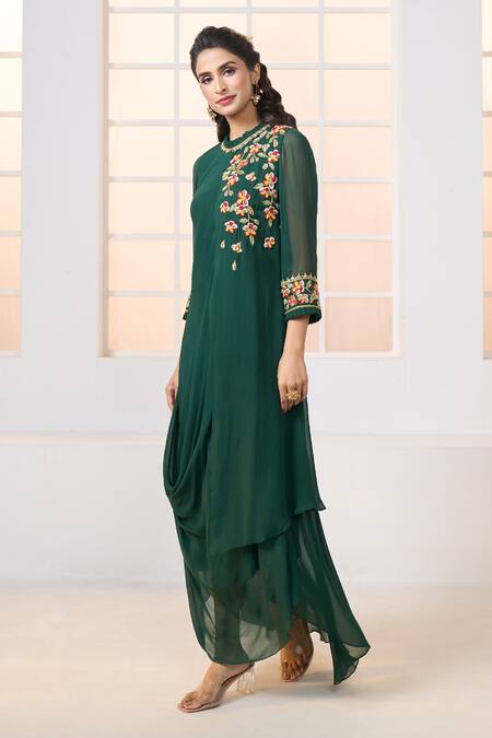 Shop Aariyana Couture Green Viscose, Georgette Embroidery Round Neck Floral Hand Draped Tunic Online at Aza Fashions Shop_Aariyana Couture_Green Viscose, Georgette Embroidery Round Neck Floral Hand Draped Tunic_Online_at_Aza_Fashions