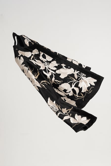 Madder Much_Black Handloom Cotton, Silk Embroidery Open Neck Domino Floral Resham Jacket _Online_at_Aza_Fashions