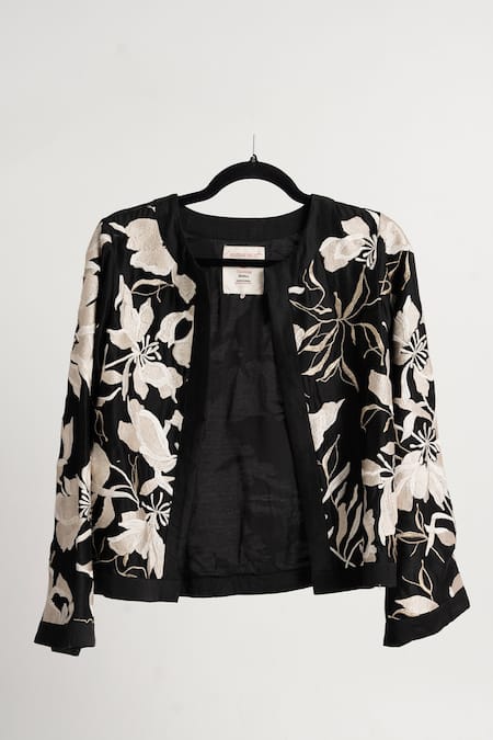 Shop_Madder Much_Black Handloom Cotton, Silk Embroidery Open Neck Domino Floral Resham Jacket _Online_at_Aza_Fashions