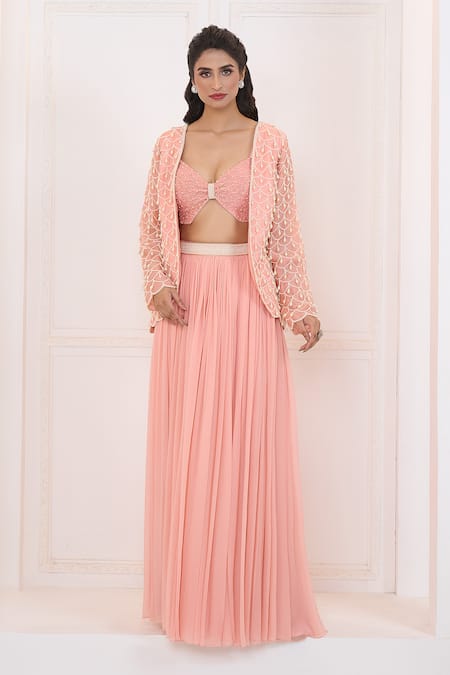 Aariyana Couture Peach Bustier And Jacket- Satin Organza Hand Scalloped Tassel & Skirt Set 