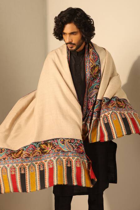Dusala_Off White Birva Botanic Fleur Kalamkari Border Pashmina Shawl_Online_at_Aza_Fashions