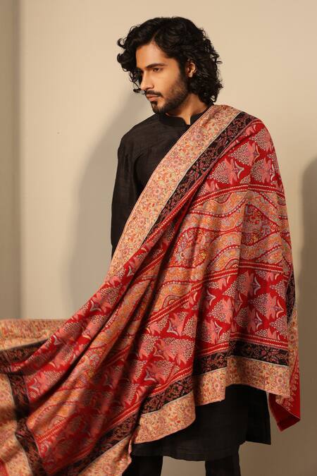 Dusala_Red Gatha Acanthus Pattern Pashmina Shawl_Online_at_Aza_Fashions