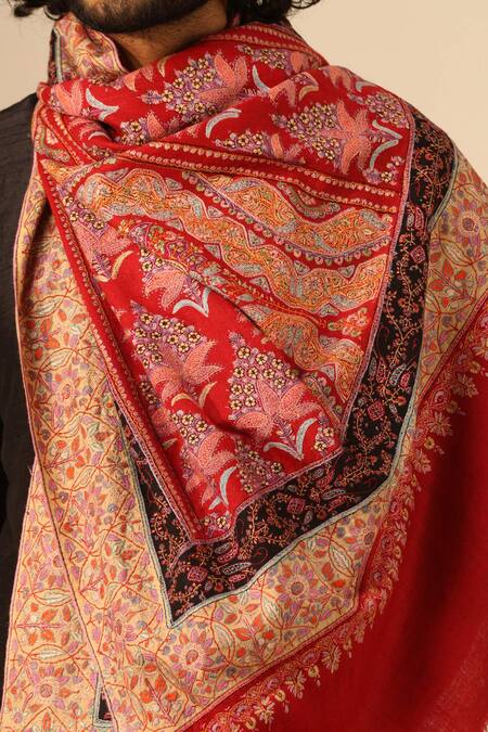 Buy_Dusala_Red Gatha Acanthus Pattern Pashmina Shawl_Online_at_Aza_Fashions
