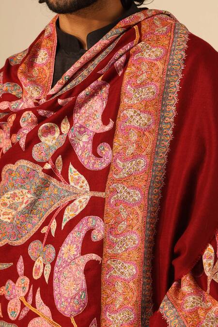 Dusala_Maroon Pankti Abi Kari Handwork Pashmina Shawl _Online_at_Aza_Fashions