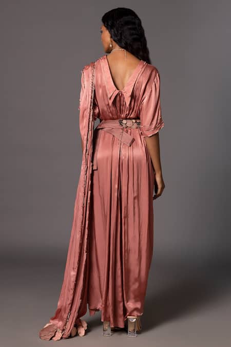 A Humming Way Desert Rose Applique Embellished Kaftan Saree With Belt 