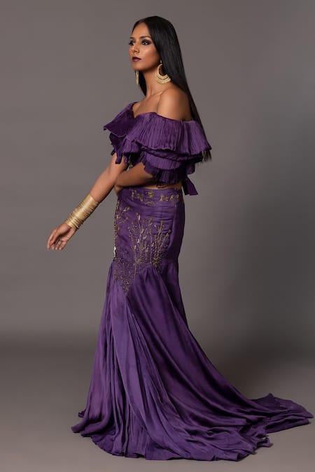 Buy_A Humming Way_Purple Satin, Organza, Linen Roma Thread Mermaid Lehenga With Ruffle Top _Online_at_Aza_Fashions
