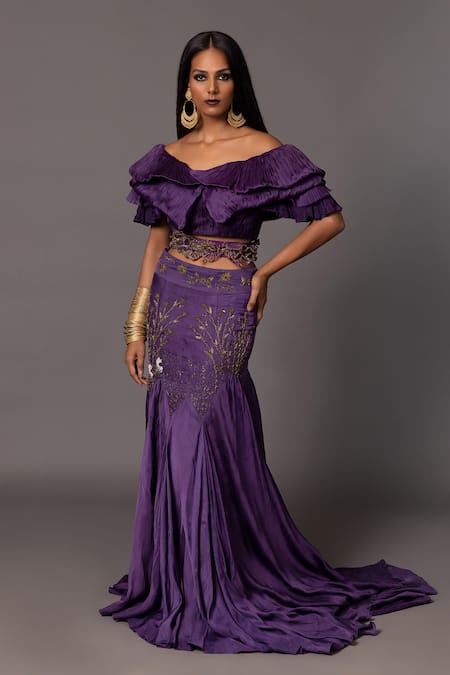 A Humming Way Purple Satin Organza Embroidered Roma Thread Mermaid Lehenga With Ruffle Top 