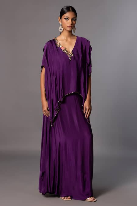 A Humming Way Purple Satin Chiffon Embroidered Sequin V-neck Iris Stone Layered Kaftan 