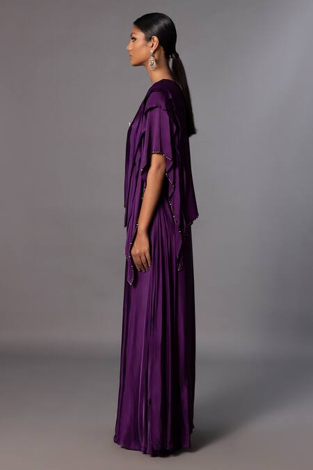 Buy_A Humming Way_Purple Satin Chiffon Embroidered Sequin V-neck Iris Stone Layered Kaftan _Online_at_Aza_Fashions