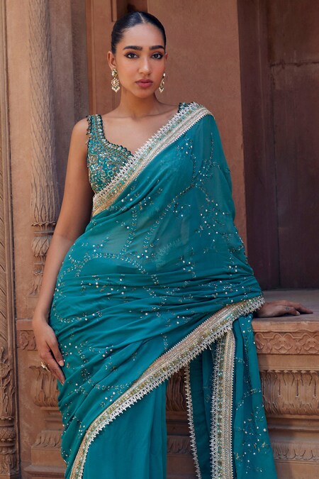 TWINKLING TURQUOISE READY-TO-WEAR SAREE AND BLOUSE SET – Store No.6