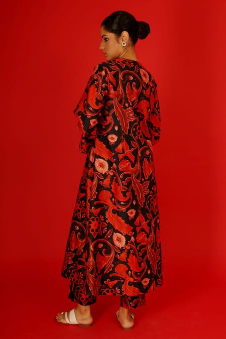 Shop Saksham & Neharicka Red Chanderi Embroidery Round Neck Kamakshya Floral Vine Print Kurta With Pant at Aza Fashions Shop_Saksham & Neharicka_Red Chanderi Embroidery Round Neck Kamakshya Floral Vine Print Kurta With Pant _at_Aza_Fashions