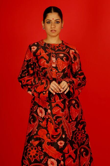 Buy Saksham & Neharicka Red Chanderi Embroidery Round Neck Kamakshya Floral Vine Print Kurta With Pant Online at Aza Fashions Buy_Saksham & Neharicka_Red Chanderi Embroidery Round Neck Kamakshya Floral Vine Print Kurta With Pant _Online_at_Aza_Fashions