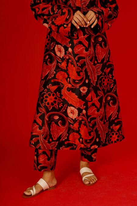 Shop Saksham & Neharicka Red Chanderi Embroidery Round Neck Kamakshya Floral Vine Print Kurta With Pant Online at Aza Fashions Shop_Saksham & Neharicka_Red Chanderi Embroidery Round Neck Kamakshya Floral Vine Print Kurta With Pant _Online_at_Aza_Fashions