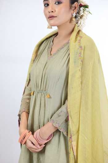 Beige_Green Chanderi, Cotton Satin Sequins, Beads, Zari, Yoke Gathered Kurta Set_Online_at_Aza_Fashions