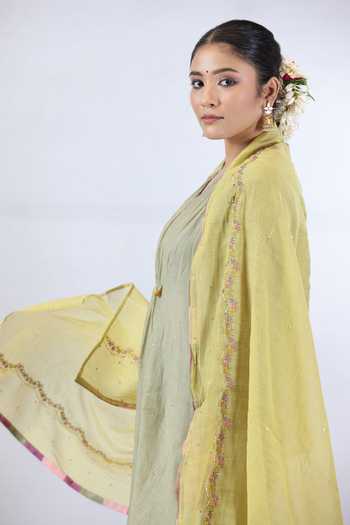 Buy_Beige_Green Chanderi, Cotton Satin Sequins, Beads, Zari, Yoke Gathered Kurta Set_Online_at_Aza_Fashions