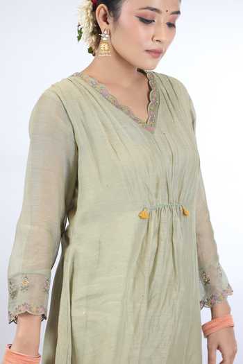 Shop_Beige_Green Chanderi, Cotton Satin Sequins, Beads, Zari, Yoke Gathered Kurta Set_Online_at_Aza_Fashions