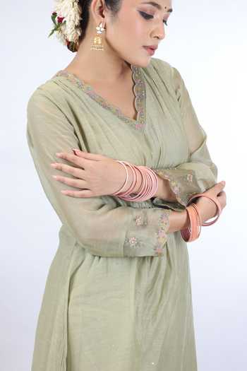 Beige_Green Chanderi, Cotton Satin Sequins, Beads, Zari, Yoke Gathered Kurta Set_at_Aza_Fashions