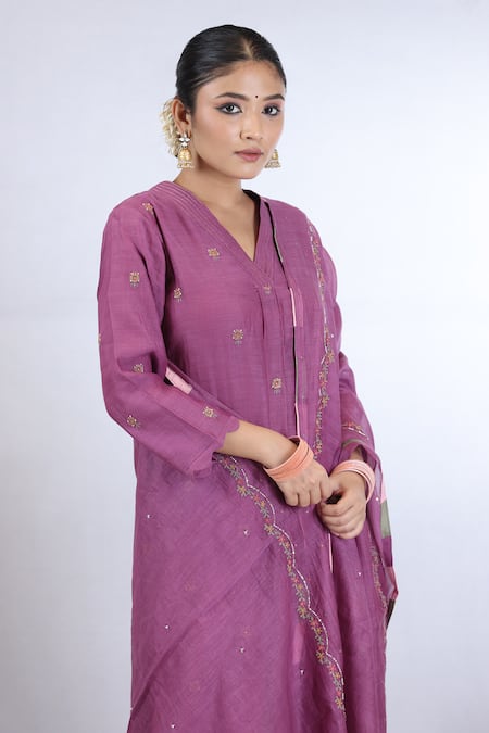 Buy Beige Purple Chanderi, Cotton Satin Sequins, Beads, Zari, Embroidery Thread Kurta Set Buy_Beige_Purple Chanderi, Cotton Satin Sequins, Beads, Zari, Embroidery Thread Kurta Set